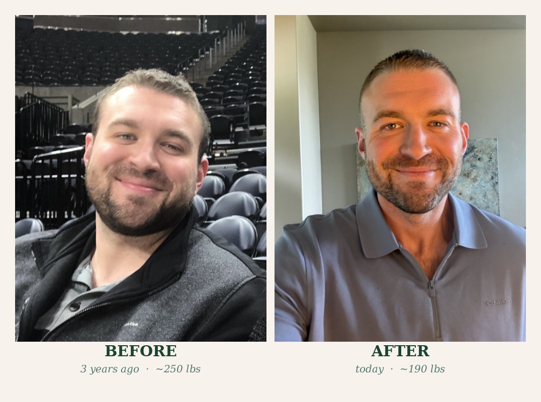 Before and after: 3 years ago at approximately 250 pounds; today at approximately 190 pounds