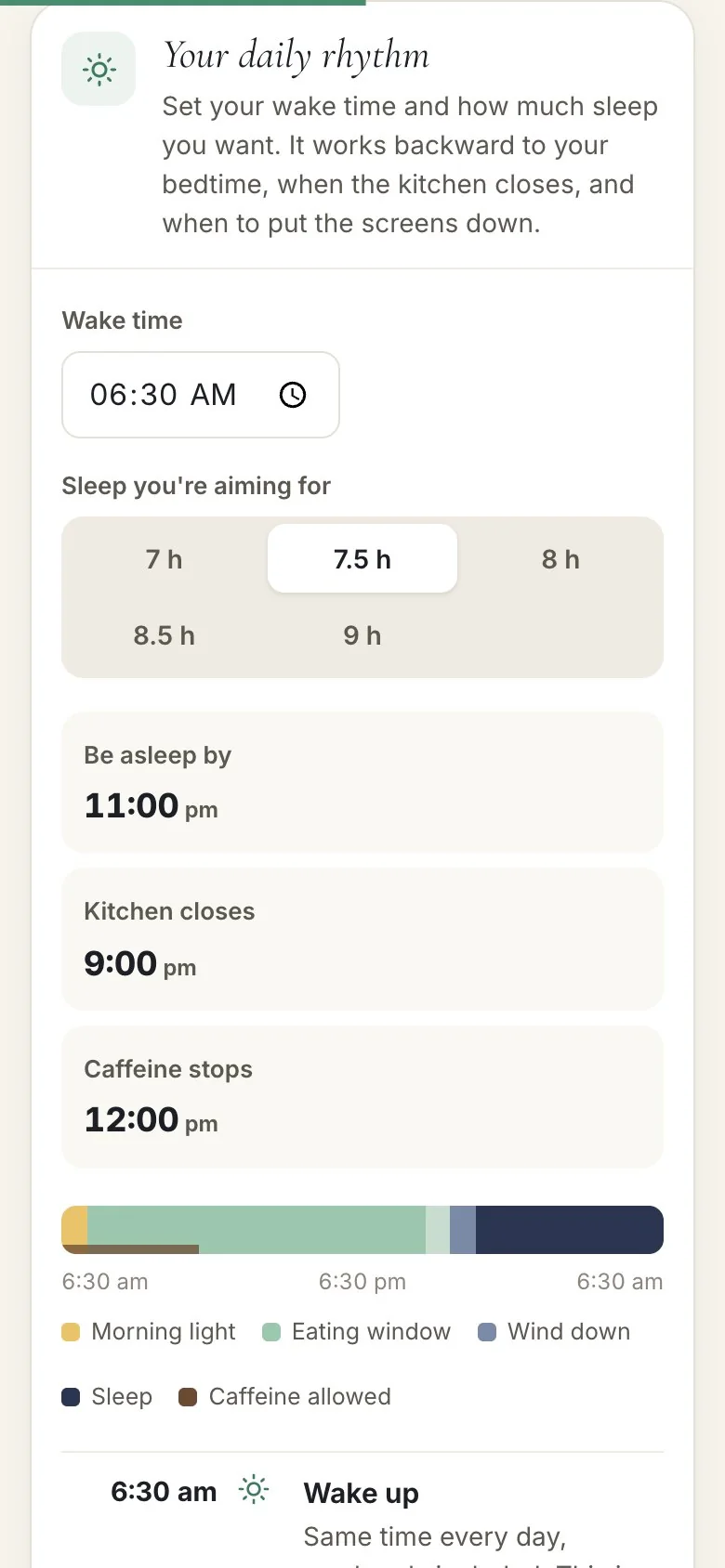 The daily rhythm tool showing bedtime, when the kitchen closes and the caffeine cutoff