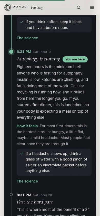 The fasting planner timeline marking hour 18 with a You are here label
