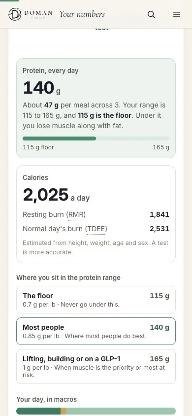 The Wellness Guide working out protein and calorie targets on a phone