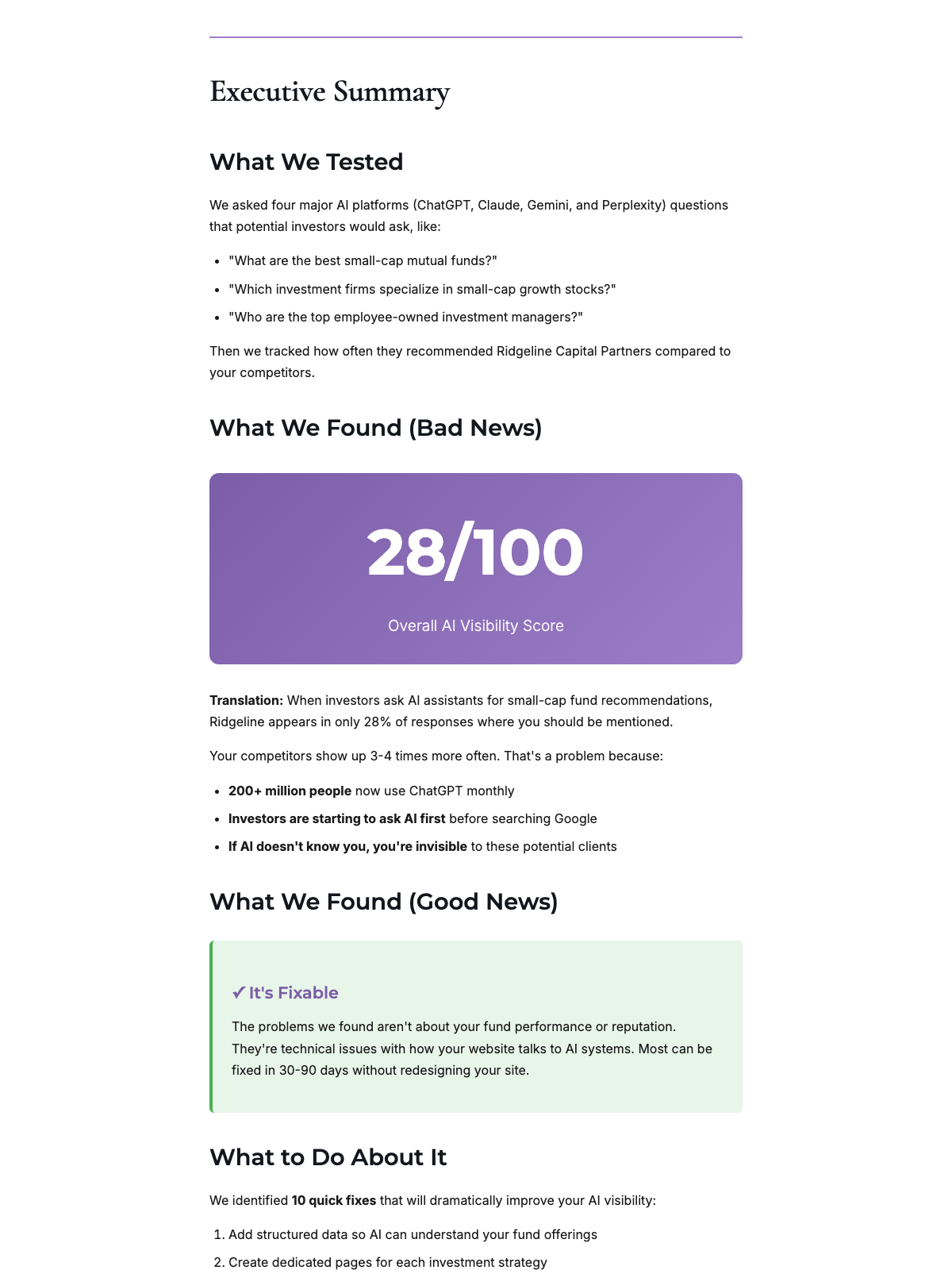 AI Visibility Report executive summary showing score and findings